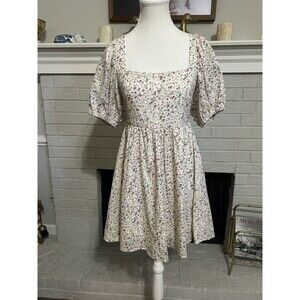 Mable Sun Dress Women's Size S Floral Babydoll Lined Shirred Puff Sleeves Tiered